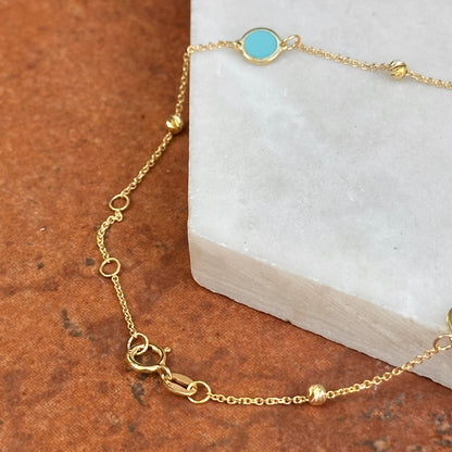 14KT Yellow Gold 5mm Turquoise Disc + Gold Bead Station Chain Bracelet