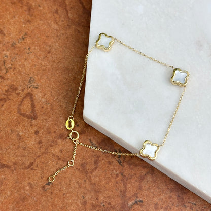 14KT Yellow Gold 8mm Mother of Pearl Clover Station Chain Bracelet