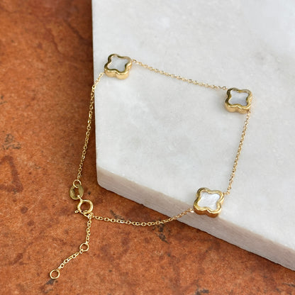 14KT Yellow Gold 8mm Mother of Pearl Clover Station Chain Bracelet