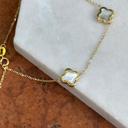 14KT Yellow Gold 8mm Mother of Pearl Clover Station Chain Bracelet