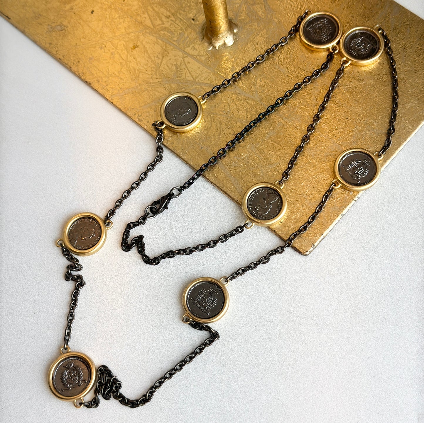 Estate Gold Tone Blacked Links + Replica Queen Elizabeth II Coin Chain Necklace 36”