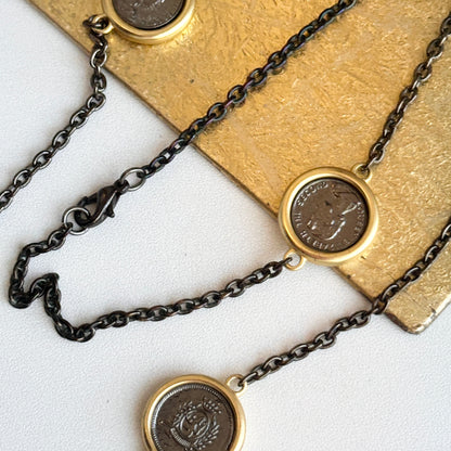 Estate Gold Tone Blacked Links + Replica Queen Elizabeth II Coin Chain Necklace 36”