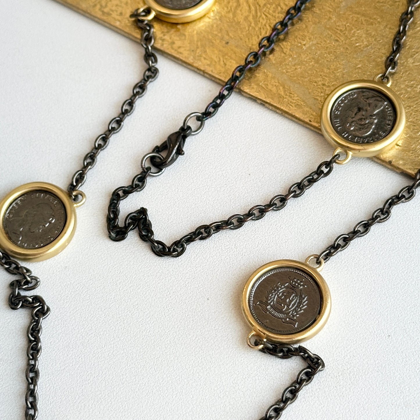 Estate Gold Tone Blacked Links + Replica Queen Elizabeth II Coin Chain Necklace 36”