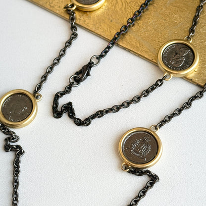 Estate Gold Tone Blacked Links + Replica Queen Elizabeth II Coin Chain Necklace 36”