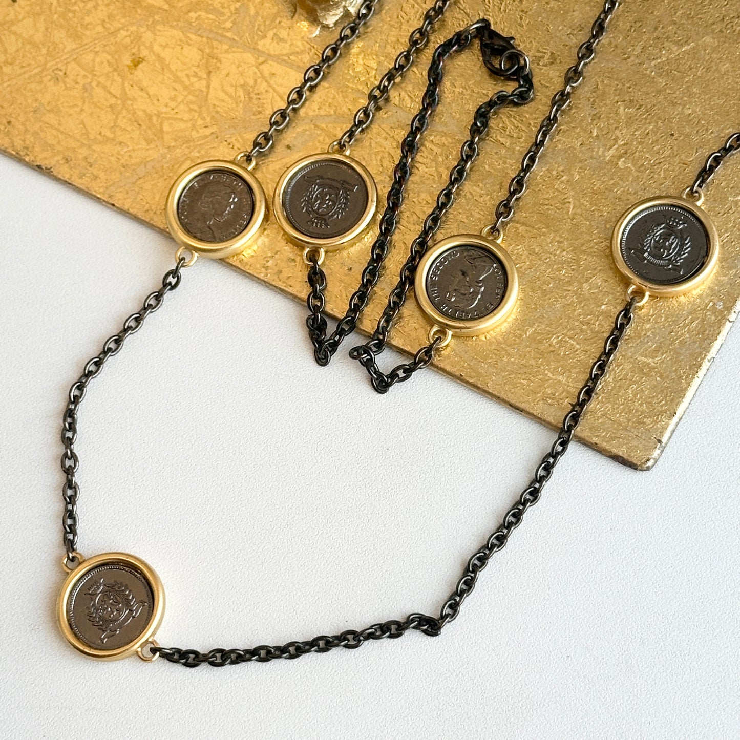 Estate Gold Tone Blacked Links + Replica Queen Elizabeth II Coin Chain Necklace 36”