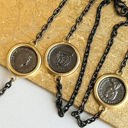 Estate Gold Tone Blacked Links + Replica Queen Elizabeth II Coin Chain Necklace 36”