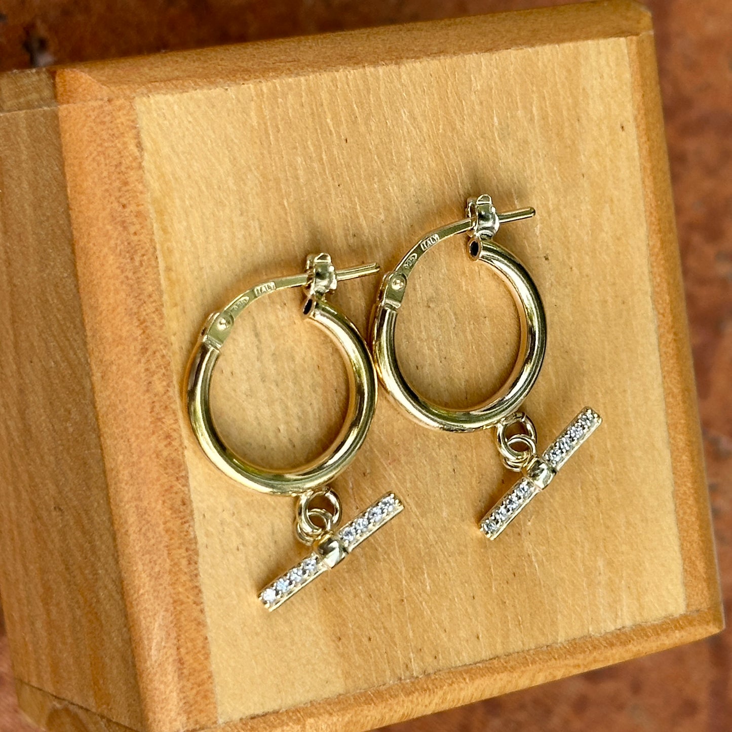 Yellow Gold-Plated Sterling Silver Round Hoop + CZ Bar Dangle Earrings