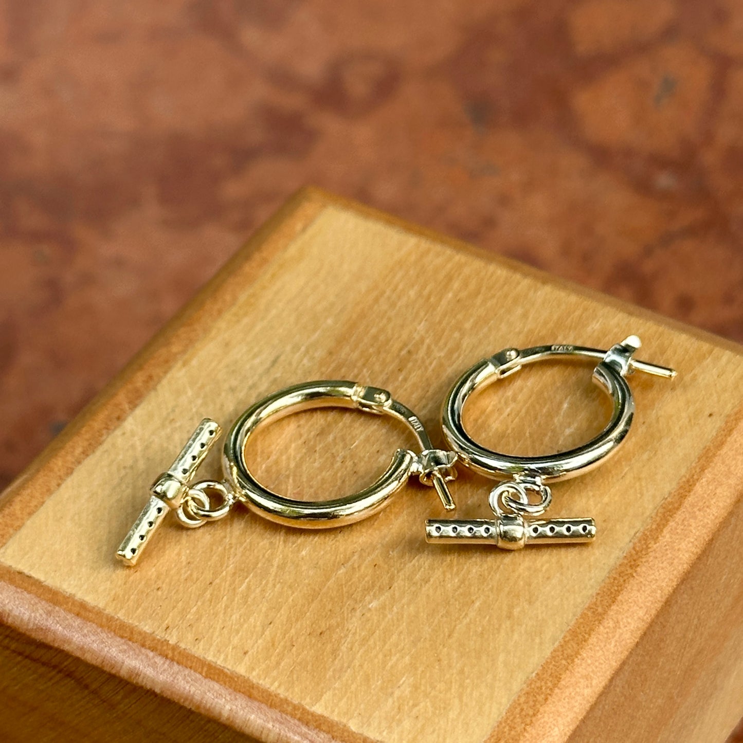 Yellow Gold-Plated Sterling Silver Round Hoop + CZ Bar Dangle Earrings