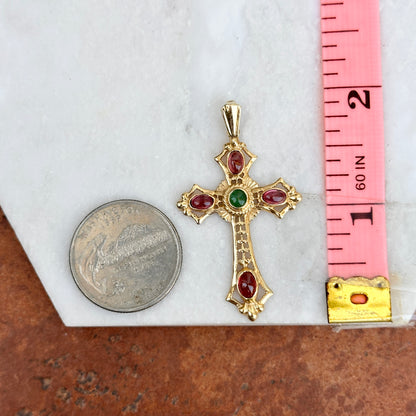 Estate 14KT Yellow Gold Byzantine Filigree Ruby + Emerald Cross Pendant