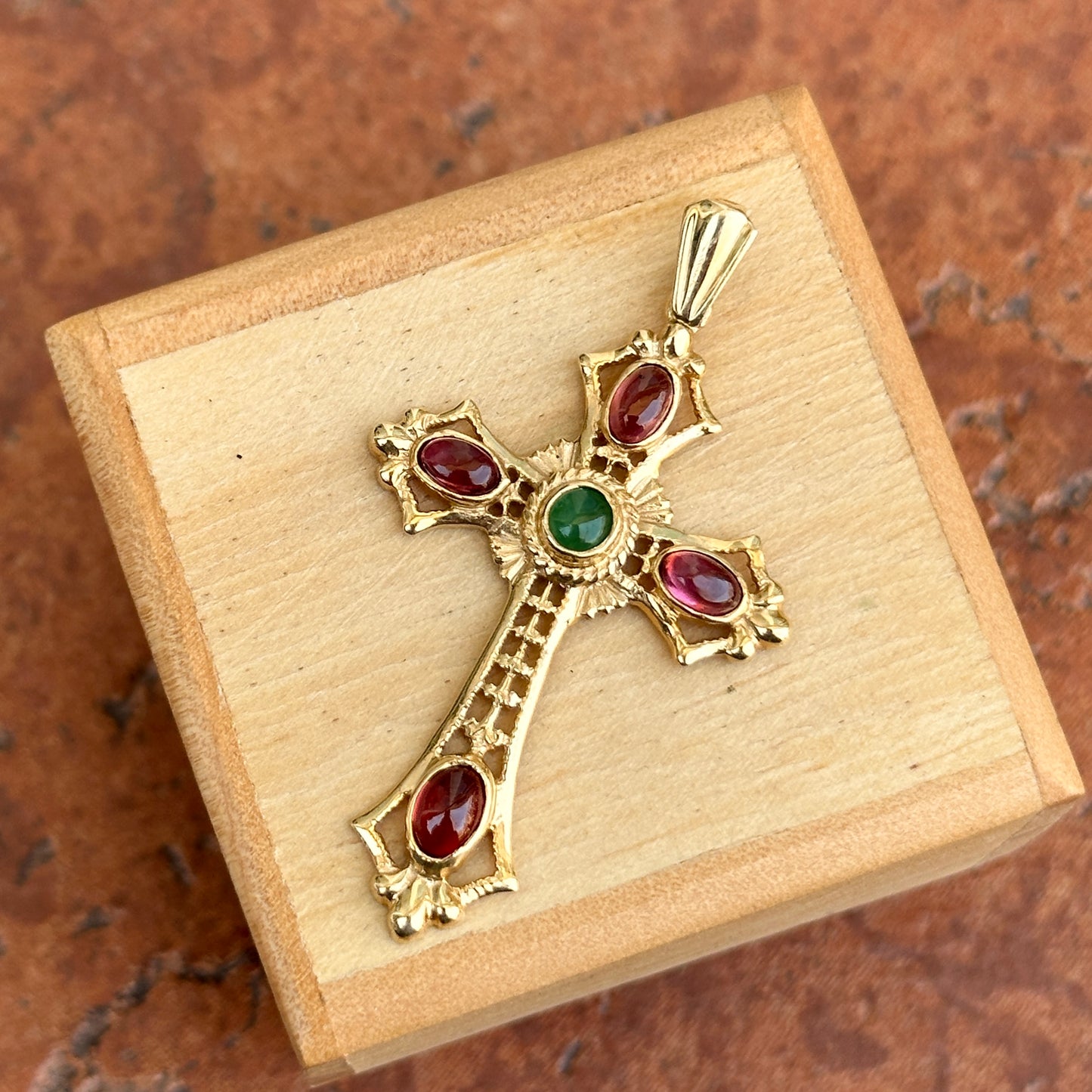 Estate 14KT Yellow Gold Byzantine Filigree Ruby + Emerald Cross Pendant