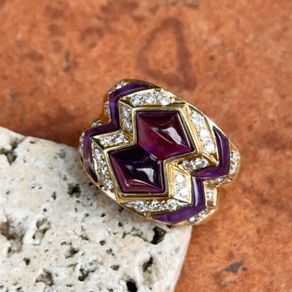 Estate 18KT Yellow Gold Cabochon Amethyst + Diamond Band Ring