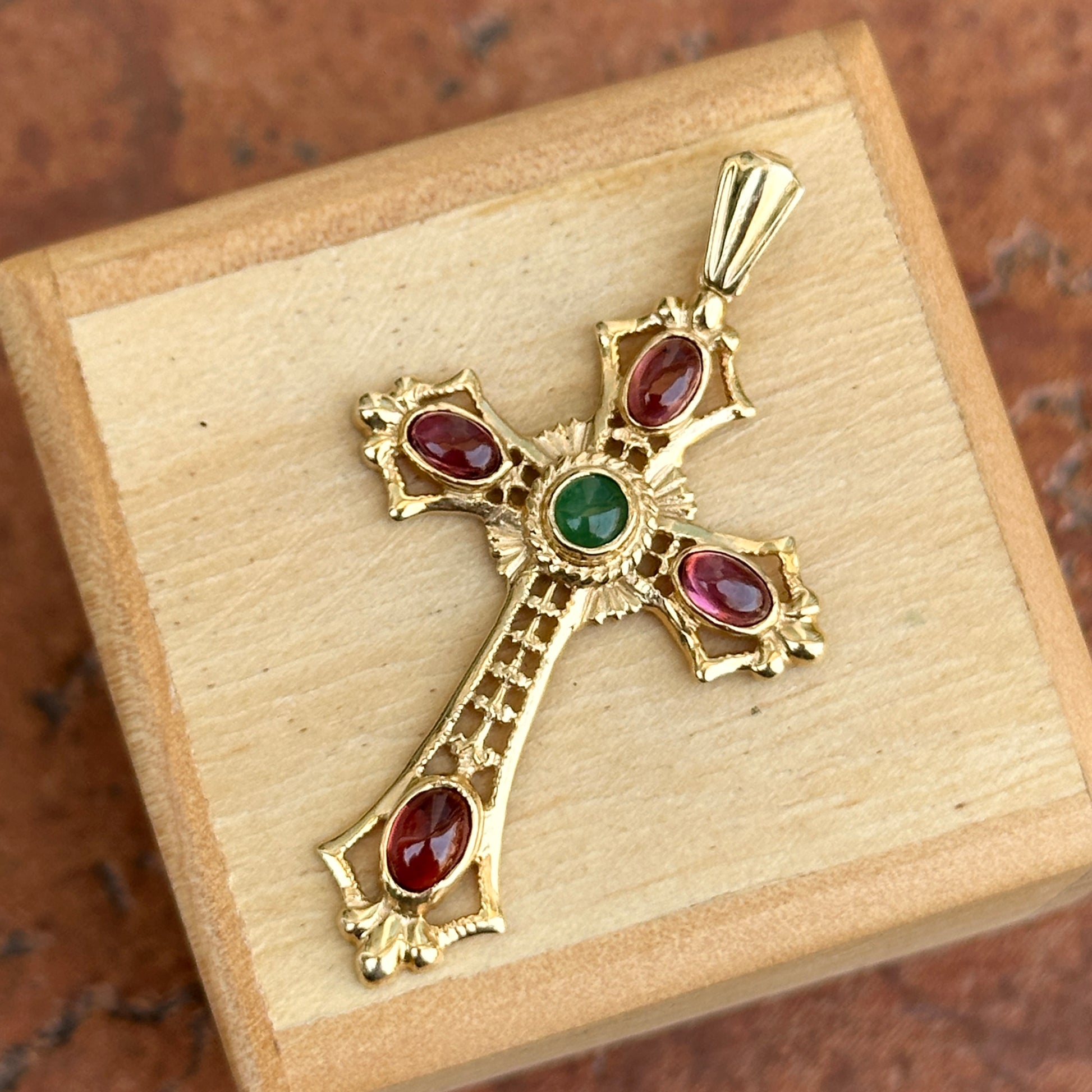Estate 14KT Yellow Gold Byzantine Filigree Ruby Emerald Cross