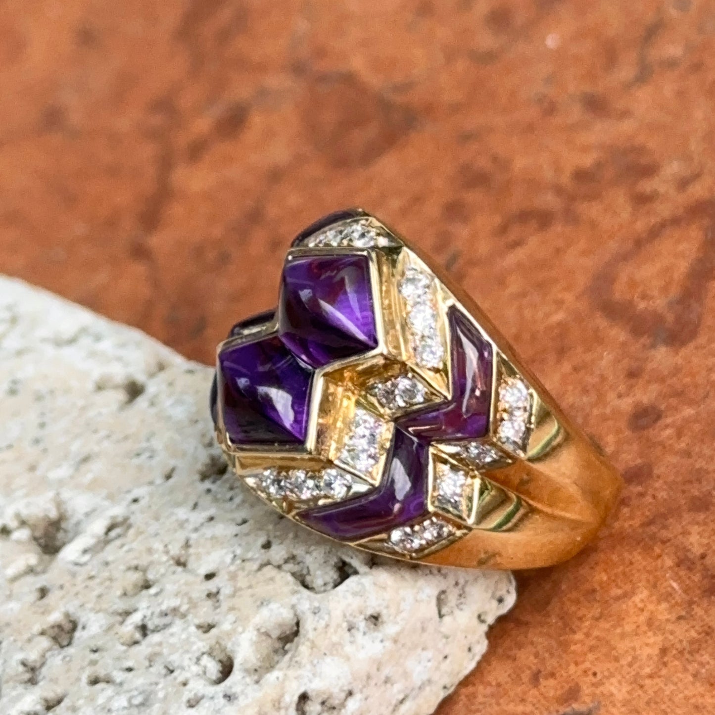 Estate 18KT Yellow Gold Cabochon Amethyst + Diamond Band Ring