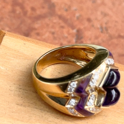 Estate 18KT Yellow Gold Cabochon Amethyst + Diamond Band Ring