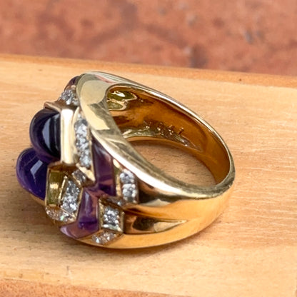 Estate 18KT Yellow Gold Cabochon Amethyst + Diamond Band Ring