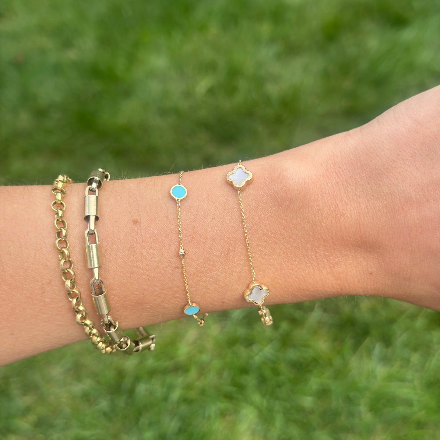 14KT Yellow Gold 5mm Turquoise Disc + Gold Bead Station Chain Bracelet