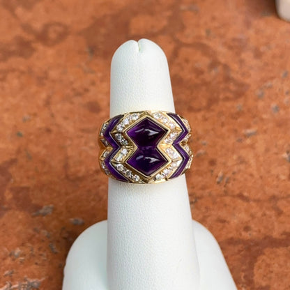 Estate 18KT Yellow Gold Cabochon Amethyst + Diamond Band Ring