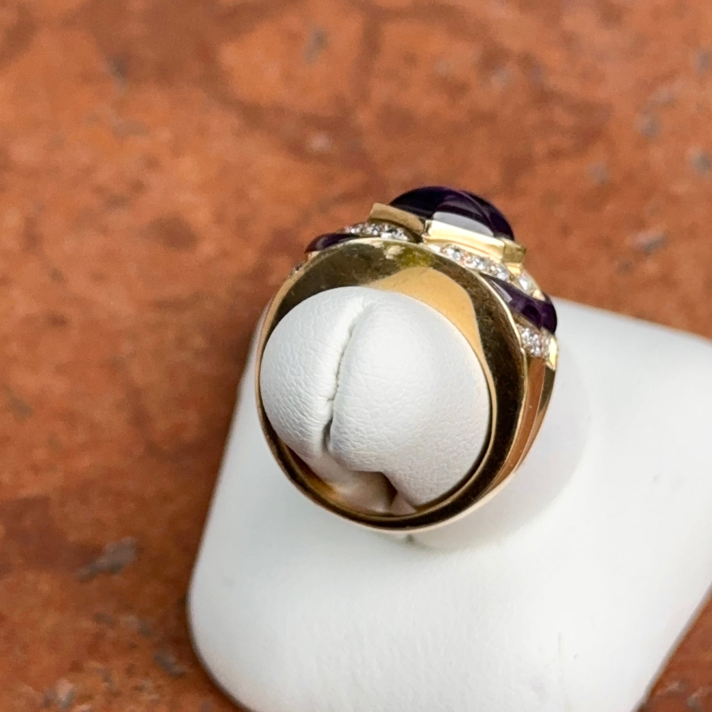 Estate 18KT Yellow Gold Cabochon Amethyst + Diamond Band Ring