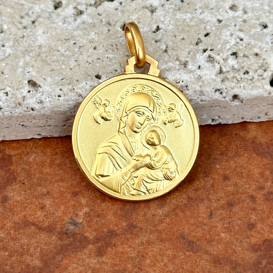 14KT Yellow Gold Matte Our Lady of Perpetual Help Round Medal Pendant 18mm