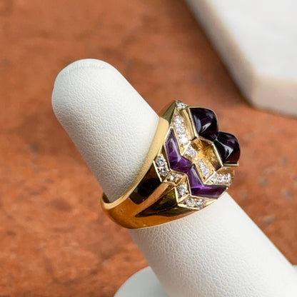 Estate 18KT Yellow Gold Cabochon Amethyst + Diamond Band Ring