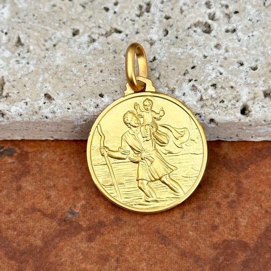 14KT Yellow Gold Matte St Christopher Round Medal Pendant 21mm