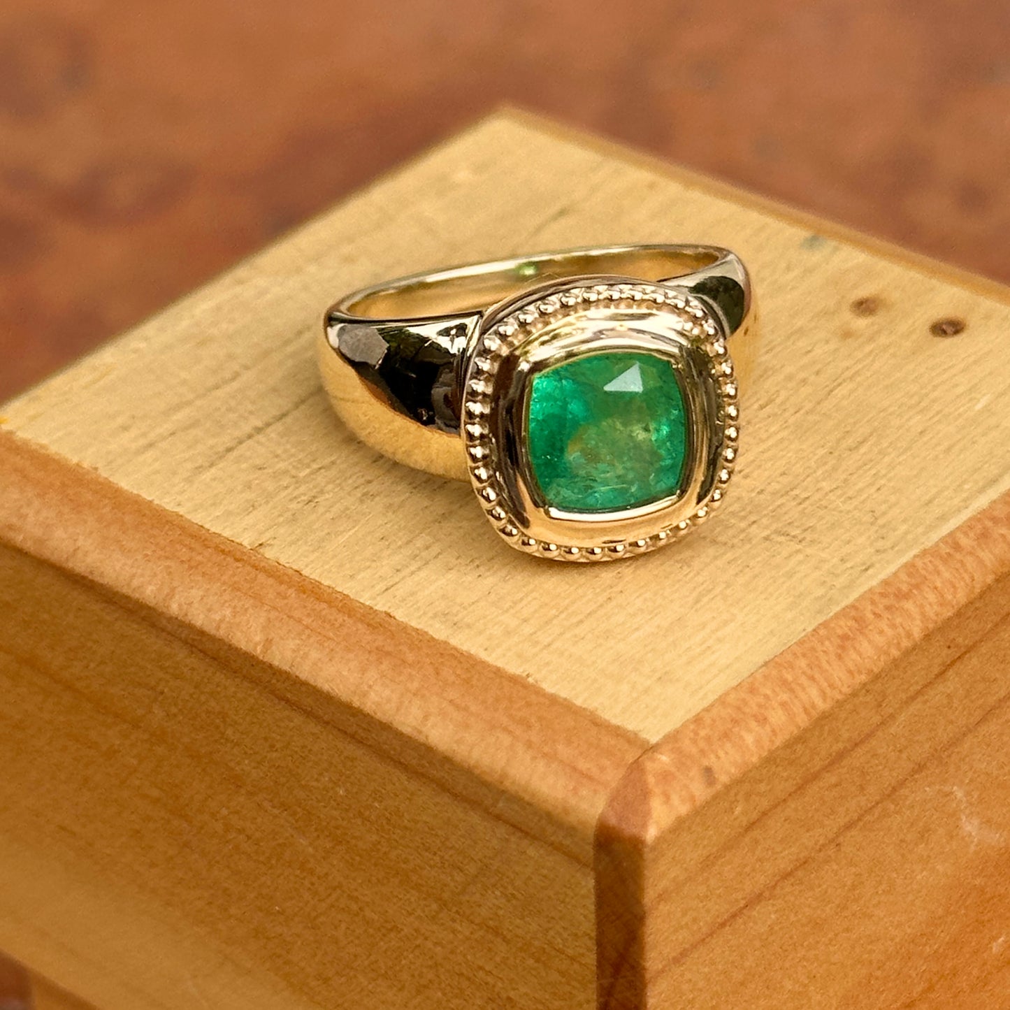 14KT Yellow Gold Beaded Bezel Cushion Emerald Wide Band Ring