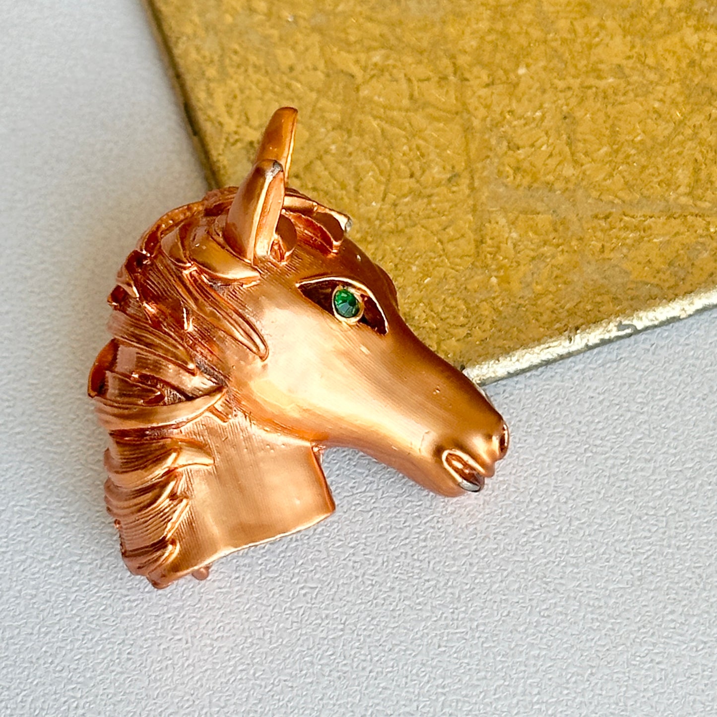 Estate Copper Toned Patina’d Hollow Horse Head Brooch + Green Stone Eye - LSJ