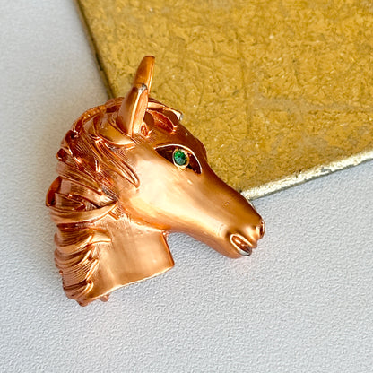 Estate Copper Toned Patina’d Hollow Horse Head Brooch + Green Stone Eye - LSJ