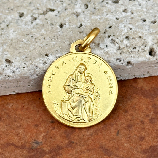 18KT Yellow Gold Matte St Anna Round Medal Pendant 18mm