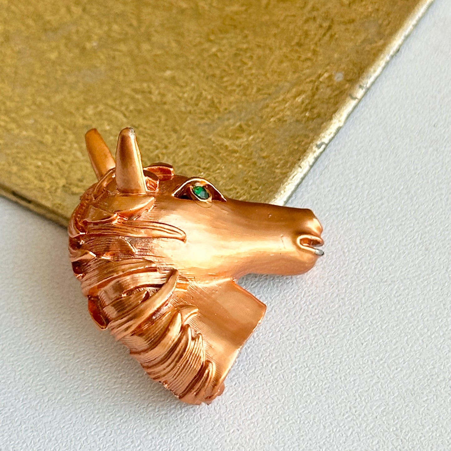 Estate Copper Toned Patina’d Hollow Horse Head Brooch + Green Stone Eye - LSJ