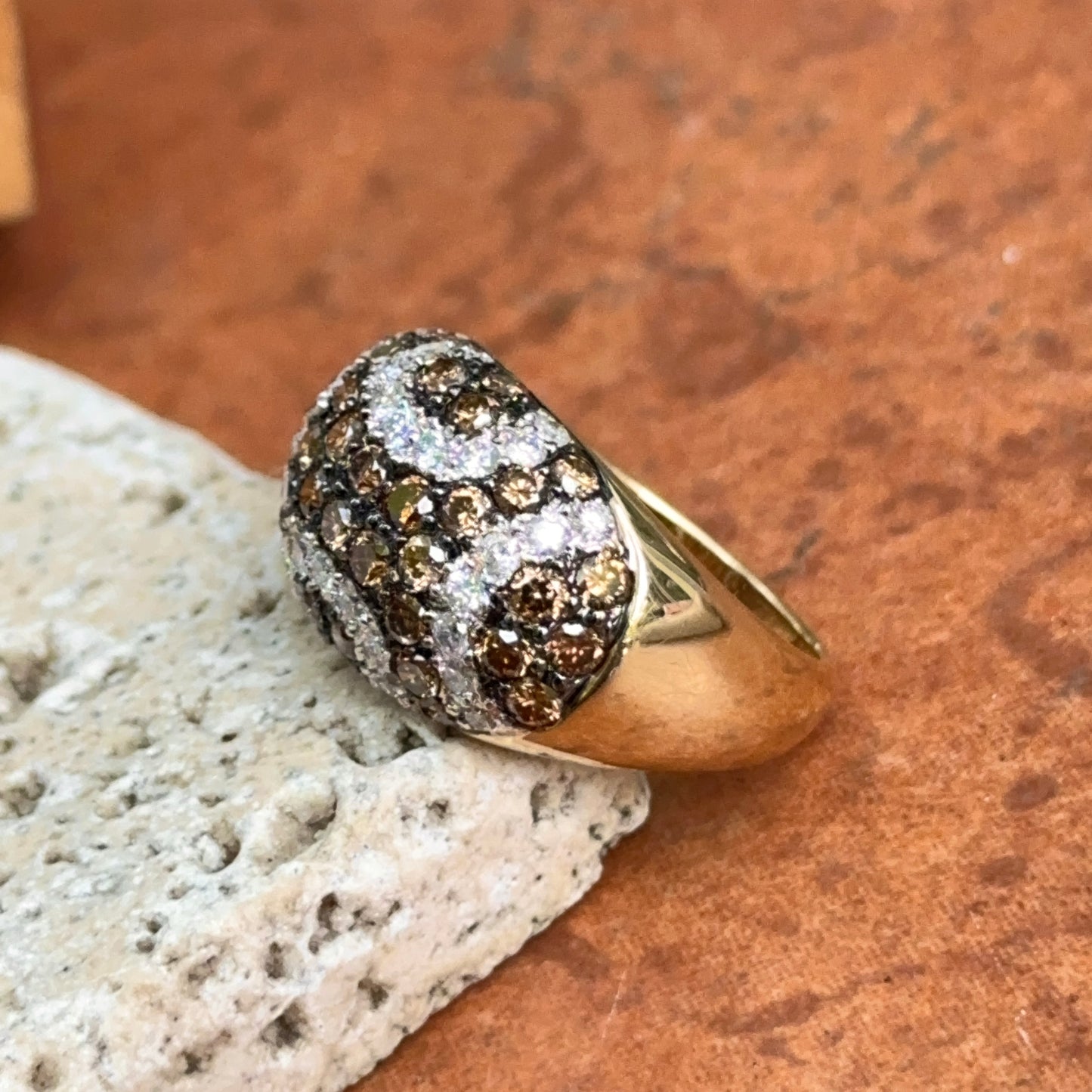 Estate 14KT Yellow Gold Brown + White Diamond Pave Domed Ring