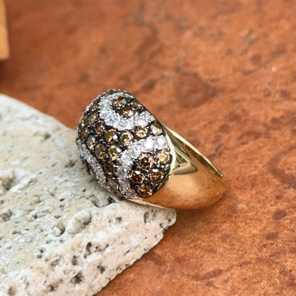 Estate 14KT Yellow Gold Brown + White Diamond Pave Domed Ring