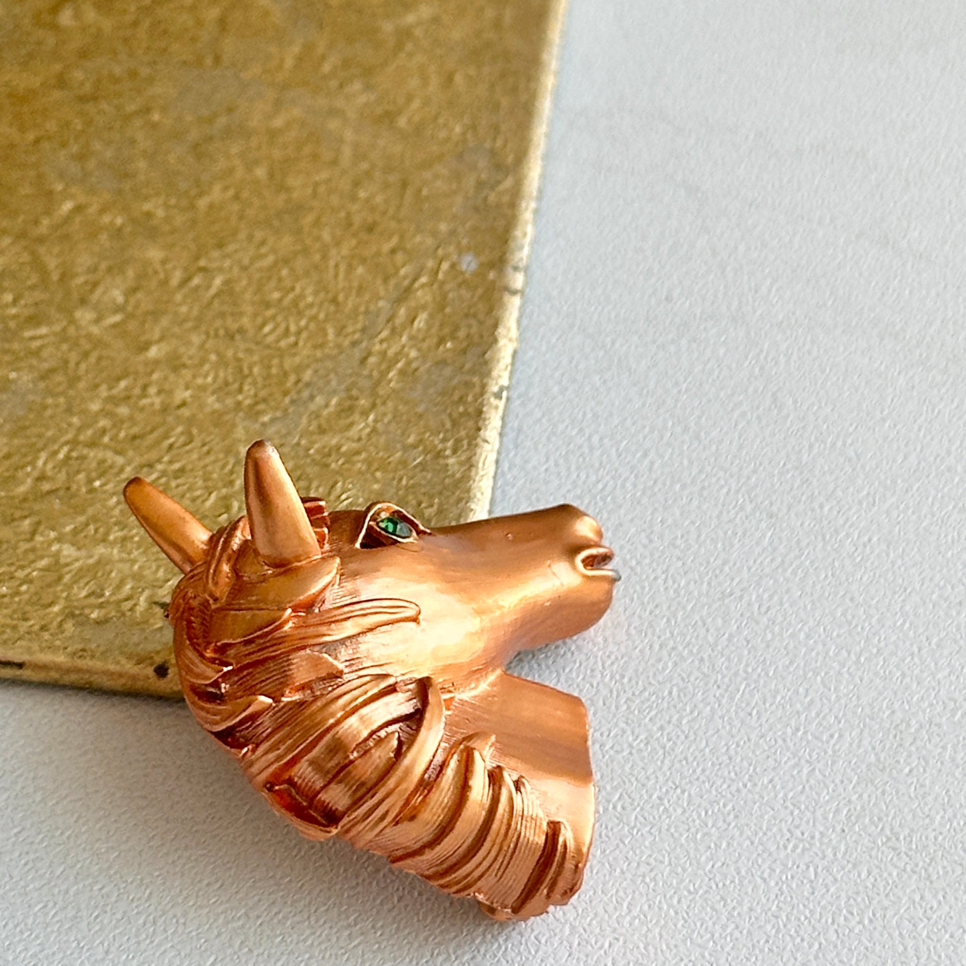 Estate Copper Toned Patina’d Hollow Horse Head Brooch + Green Stone Eye - LSJ