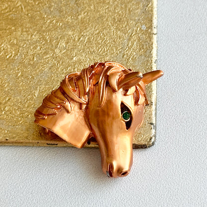 Estate Copper Toned Patina’d Hollow Horse Head Brooch + Green Stone Eye - LSJ
