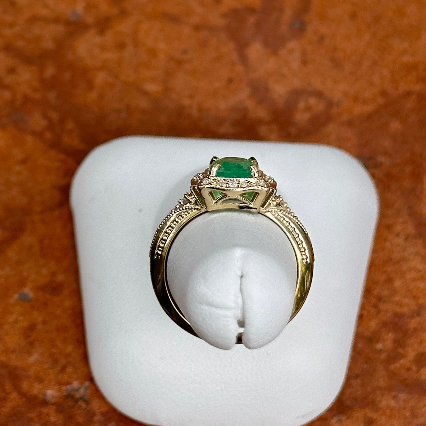 14KT Yellow Gold Oval 1.41 CT Colombian Emerald + Diamond Halo Ring