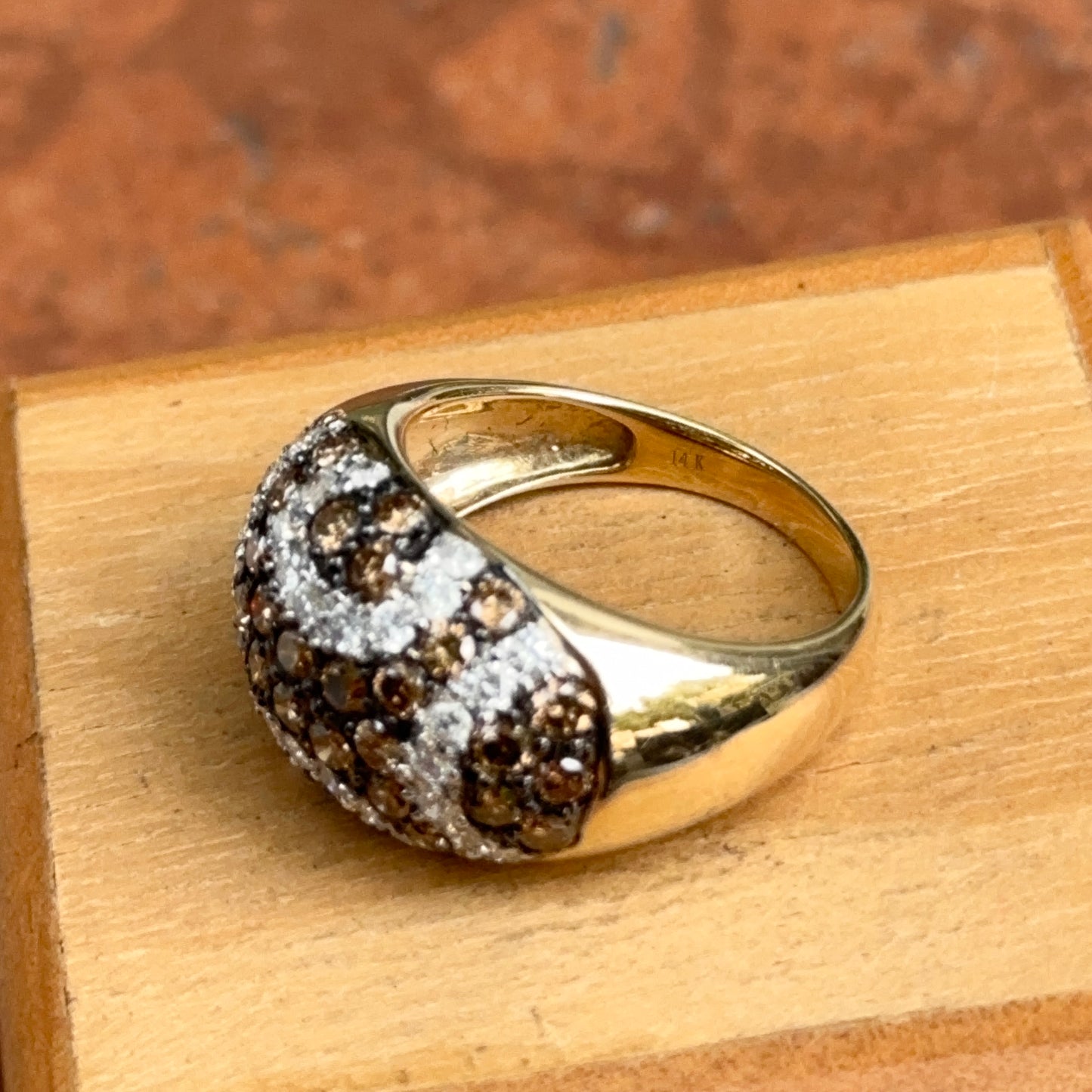 Estate 14KT Yellow Gold Brown + White Diamond Pave Domed Ring