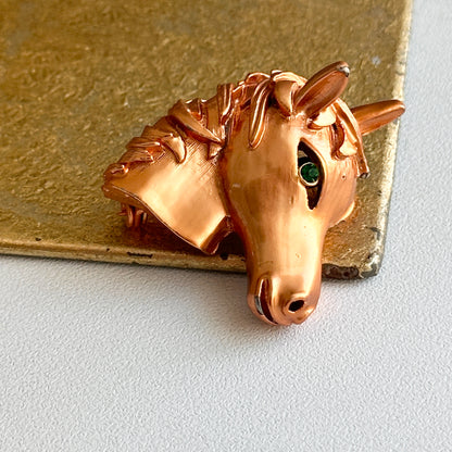 Estate Copper Toned Patina’d Hollow Horse Head Brooch + Green Stone Eye - LSJ