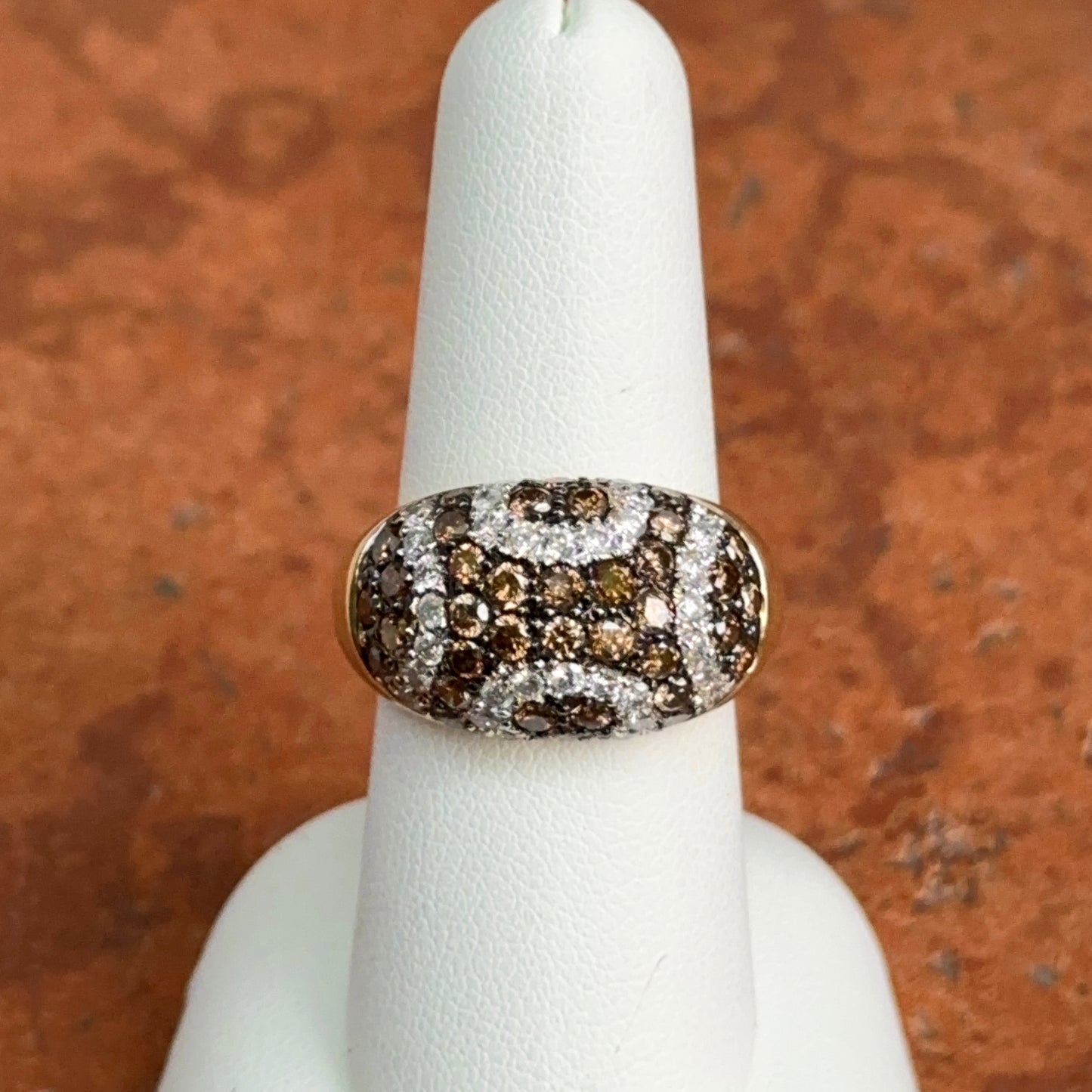 Estate 14KT Yellow Gold Brown + White Diamond Pave Domed Ring