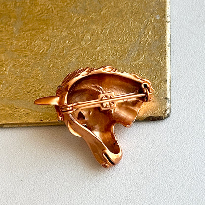 Estate Copper Toned Patina’d Hollow Horse Head Brooch + Green Stone Eye - LSJ