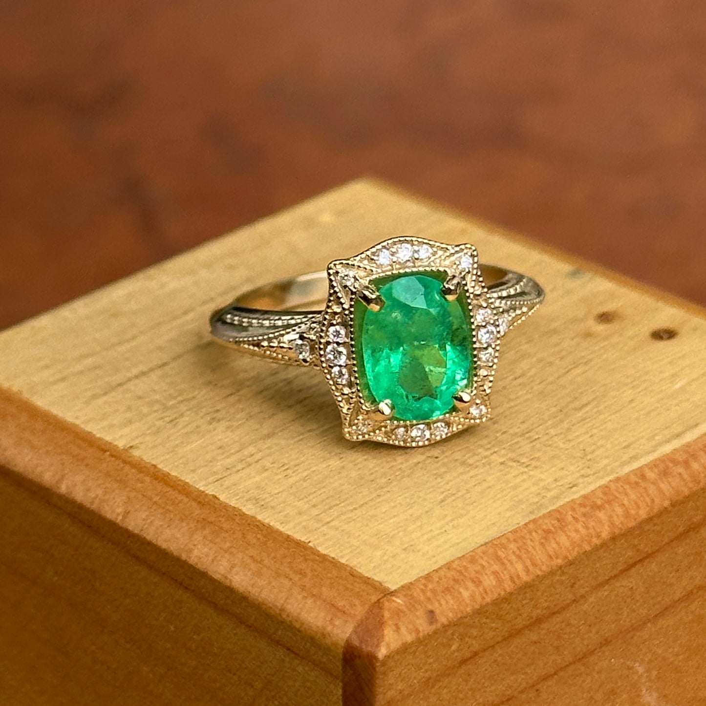 14KT Yellow Gold Oval 1.41 CT Colombian Emerald + Diamond Halo Ring