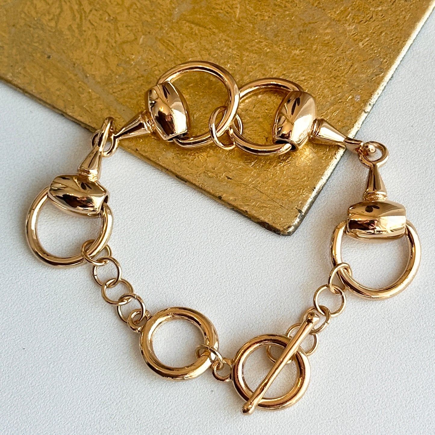 Estate Yellow Gold-Plated Horse Bit Links + Toggle Clasp Adjustable