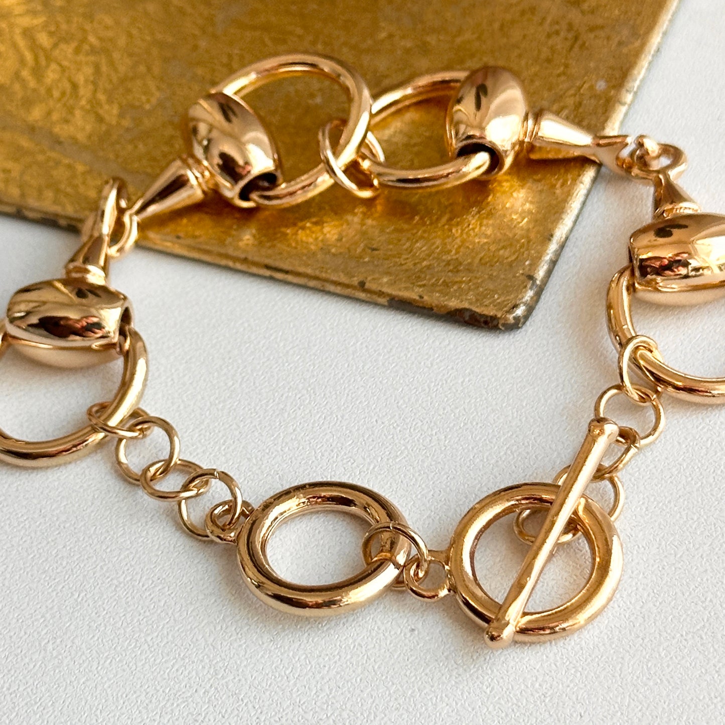 Estate Yellow Gold-Plated Horse Bit Links + Toggle Clasp Adjustable