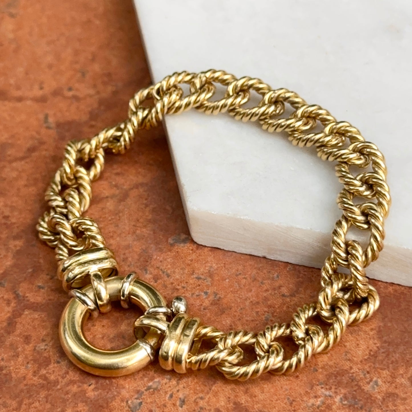 Estate 18KT Yellow Gold Twisted Oval Links Spring Ring Bracelet