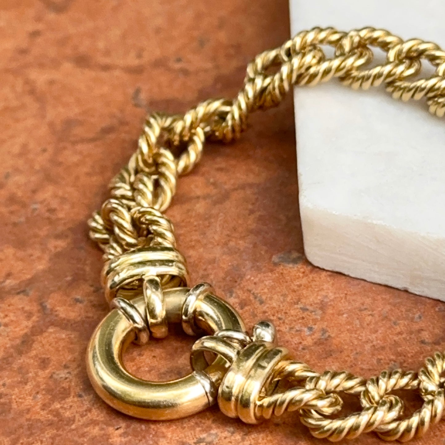 Estate 18KT Yellow Gold Twisted Oval Links Spring Ring Bracelet