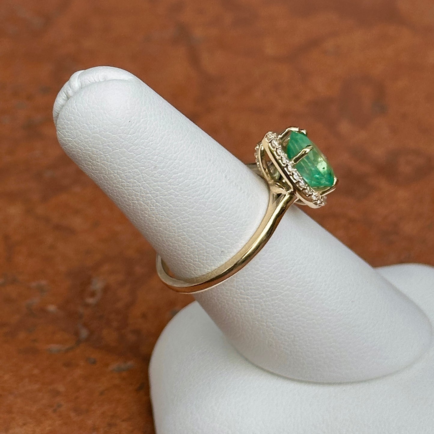 14KT Yellow Gold Pear Colombian Emerald + Halo Diamond Ring