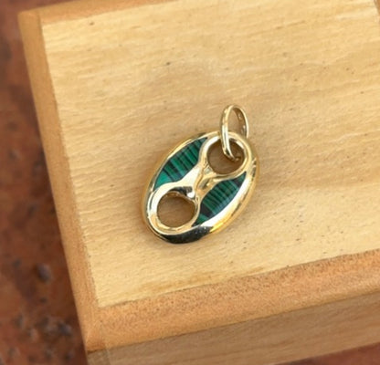 14KT Yellow Gold Puffed Mariner Genuine Malachite Reversible Pendant Charm Link Estate Green