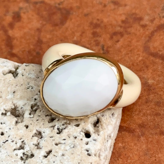 Estate 18KT Yellow Gold + Sterling Silver Agate + Enamel Ring