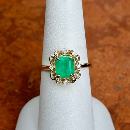 14KT Yellow Gold Emerald-Cut Colombian Emerald + Filigree Diamond Ring