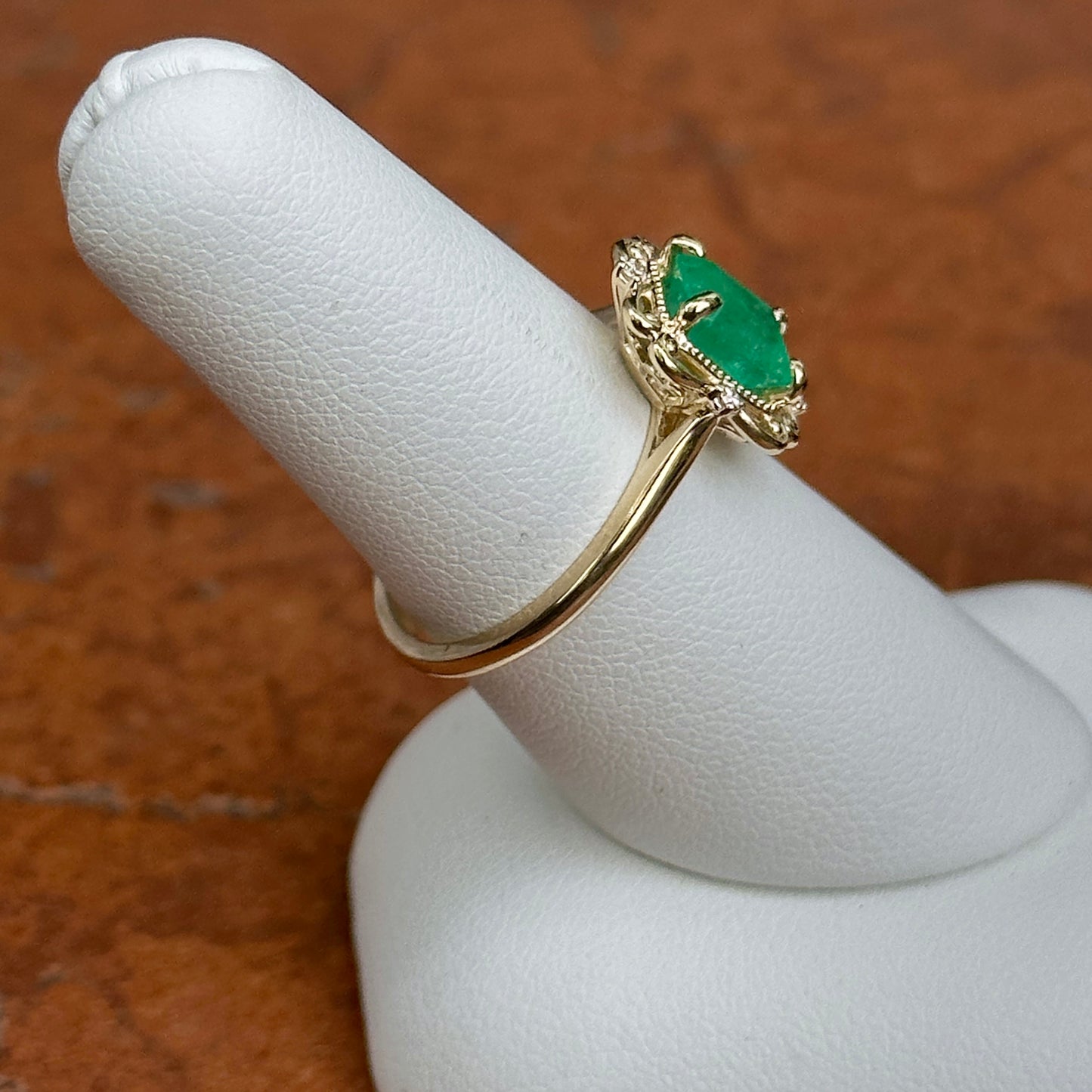 14KT Yellow Gold Emerald-Cut Colombian Emerald + Filigree Diamond Ring