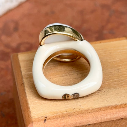 Estate 18KT Yellow Gold + Sterling Silver Agate + Enamel Ring
